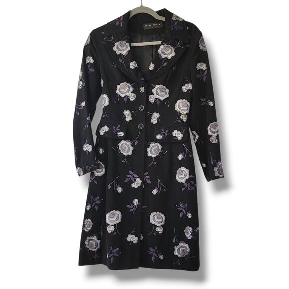 Karen Millen Midi Coat Black Embroidered Floral Women’s Size UK 10 US 4 Vamp - Picture 1 of 11